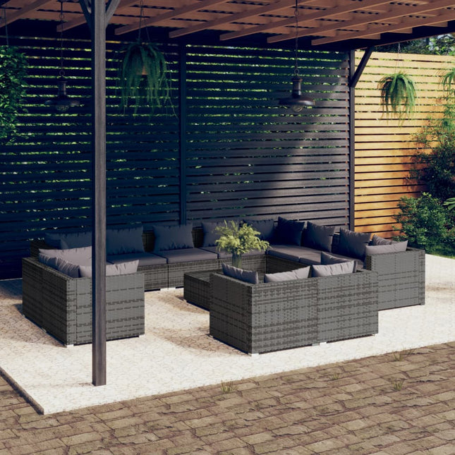 3-Delige Loungeset Met Kussens Poly Rattan Grijs en antraciet 7x hoek + 5x midden + Tafel