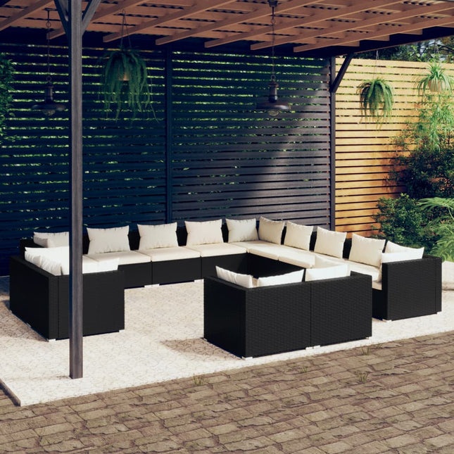 3-Delige Loungeset Met Kussens Poly Rattan Zwart en crème 7x hoek + 6x midden