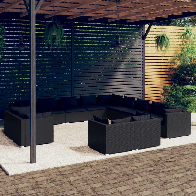 3-Delige Loungeset Met Kussens Poly Rattan Zwart 7x hoek + 6x midden