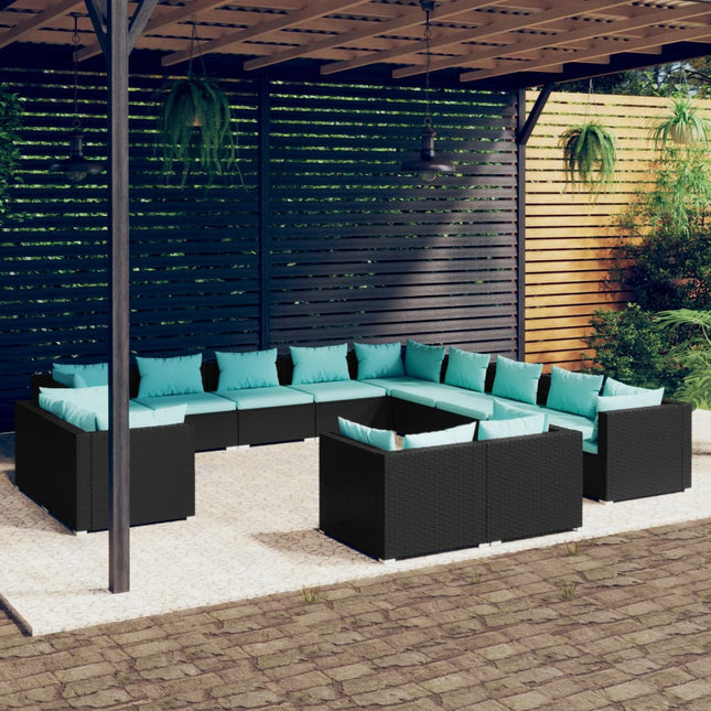 3-Delige Loungeset Met Kussens Poly Rattan Zwart en waterblauw 7x hoek + 6x midden