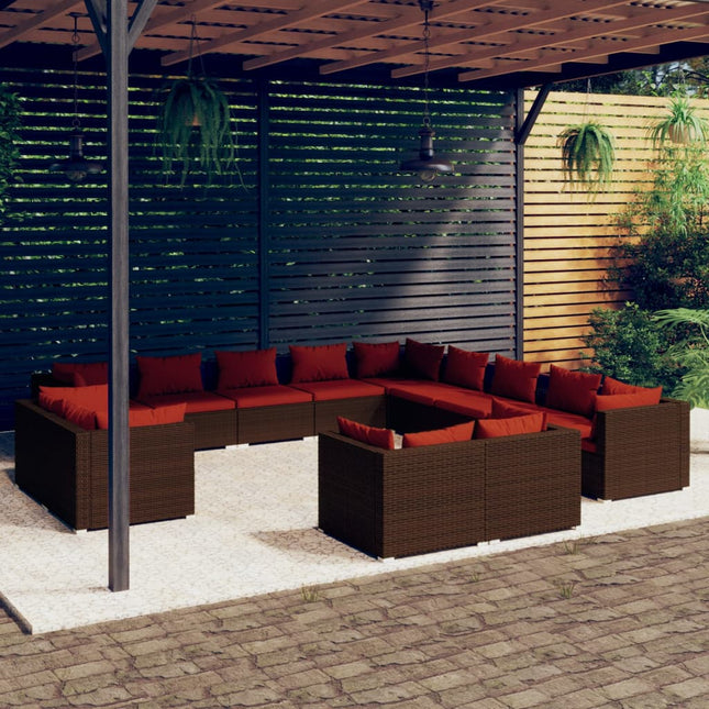 3-Delige Loungeset Met Kussens Poly Rattan Bruin en kaneelrood 7x hoek + 6x midden