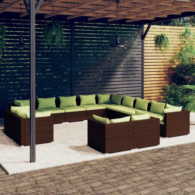 3-Delige Loungeset Met Kussens Poly Rattan Bruin en groen 7x hoek + 6x midden