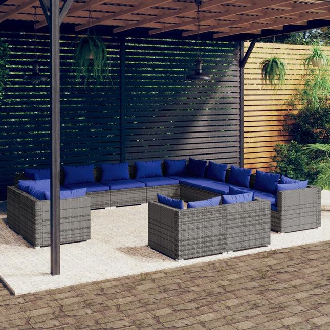 3-Delige Loungeset Met Kussens Poly Rattan Grijs en donkerblauw 7x hoek + 6x midden