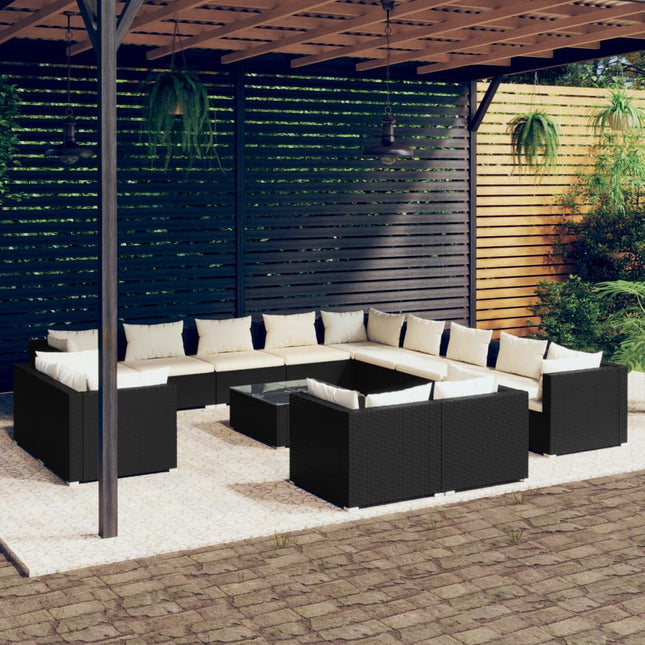 4-Delige Loungeset Met Kussens Poly Rattan Zwart en crème 7x hoek + 6x midden + Tafel