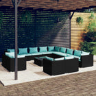 4-Delige Loungeset Met Kussens Poly Rattan Zwart en waterblauw 7x hoek + 6x midden + Tafel