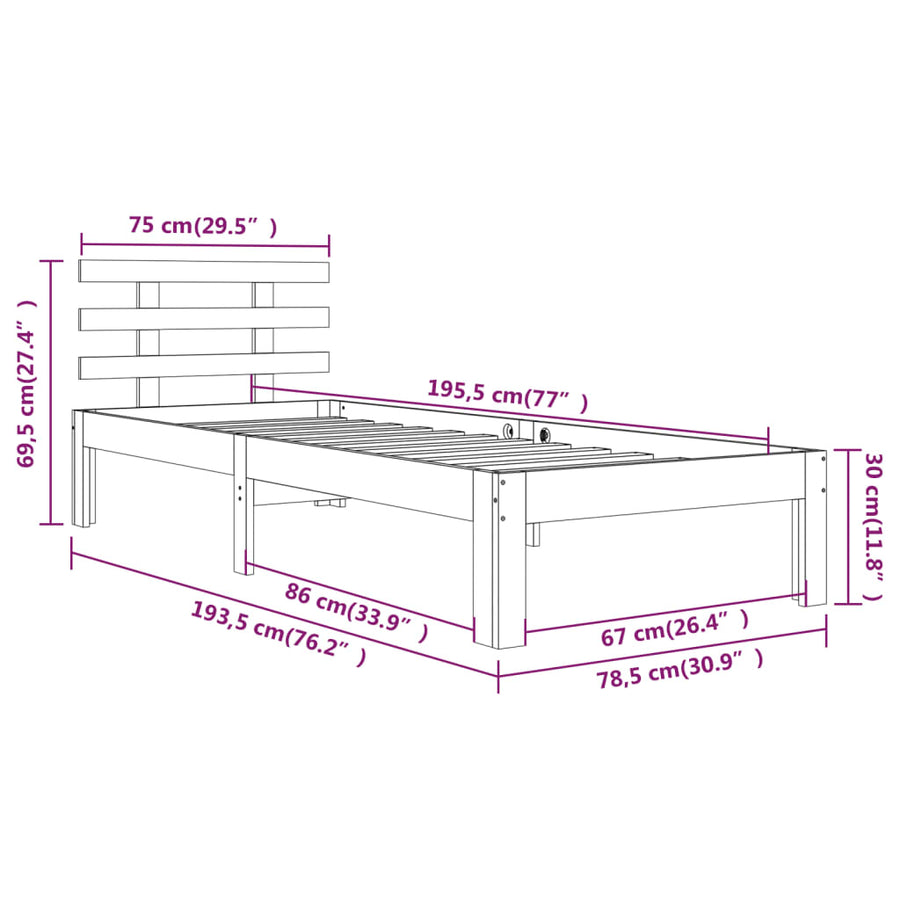 Bedframe massief hout 75x190 cm