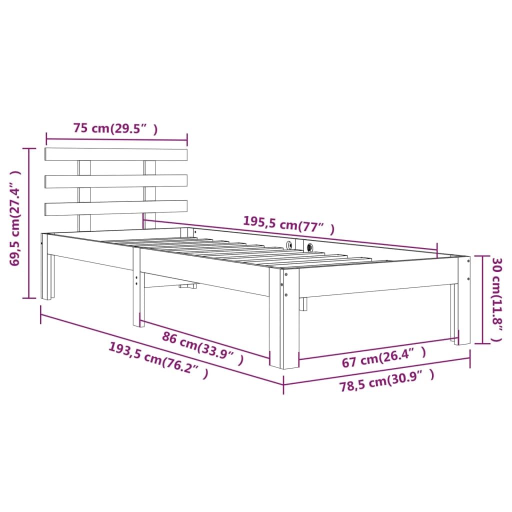 Bedframe Massief Hout 75 x 190 cm Wit