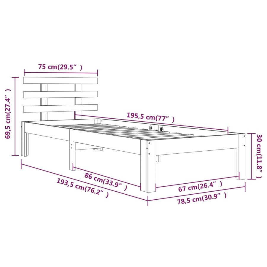 Bedframe Massief Hout 75 x 190 cm Wit