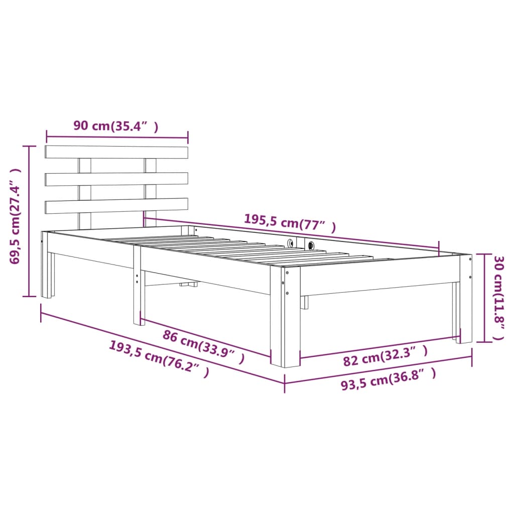 Bedframe Massief Hout 90X190 Cm