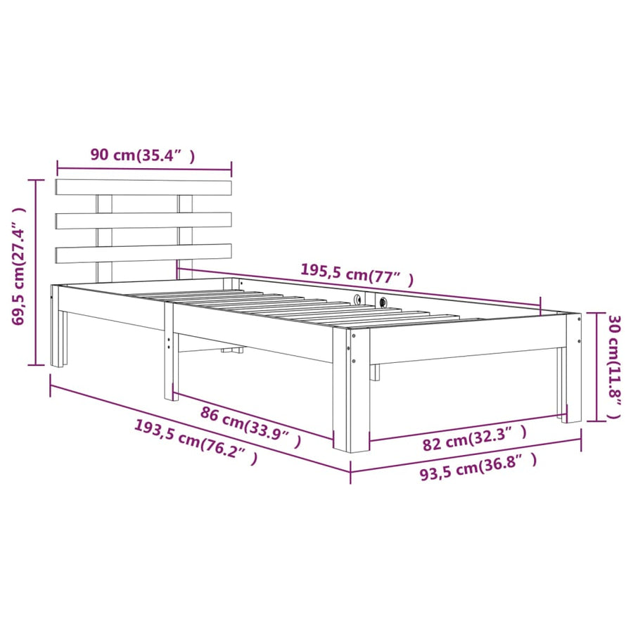 Bedframe Massief Hout 90 x 190 cm Wit