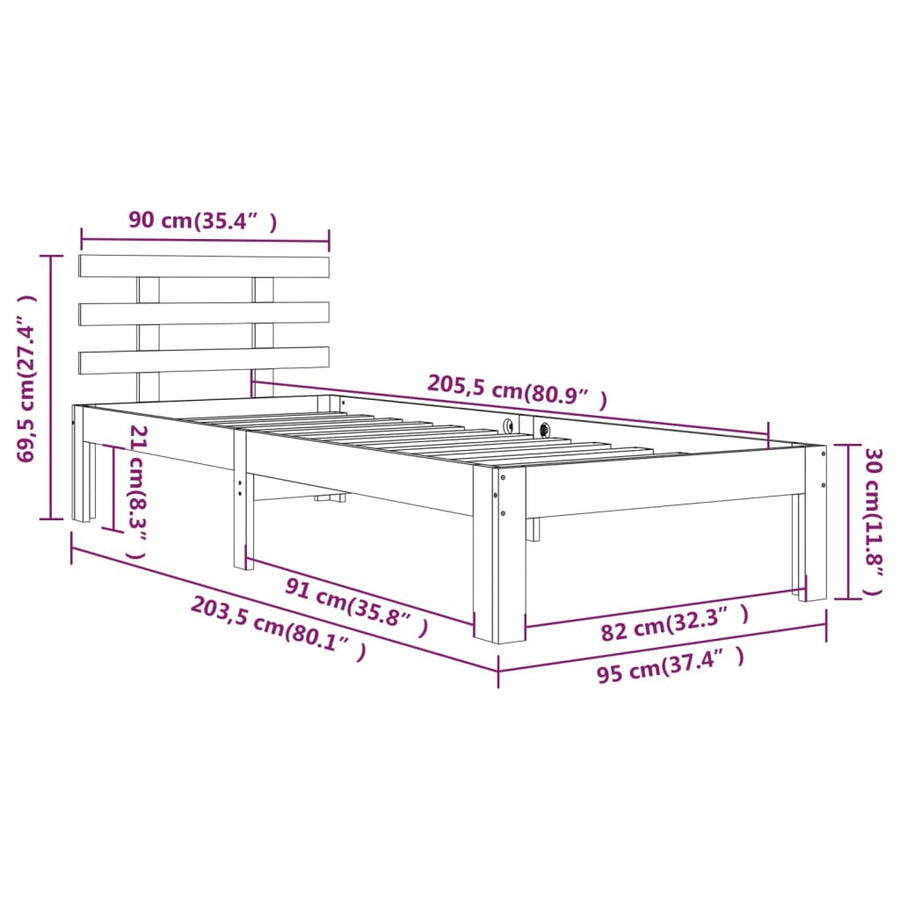 Bedframe Massief Hout 90 x 200 cm Naturel