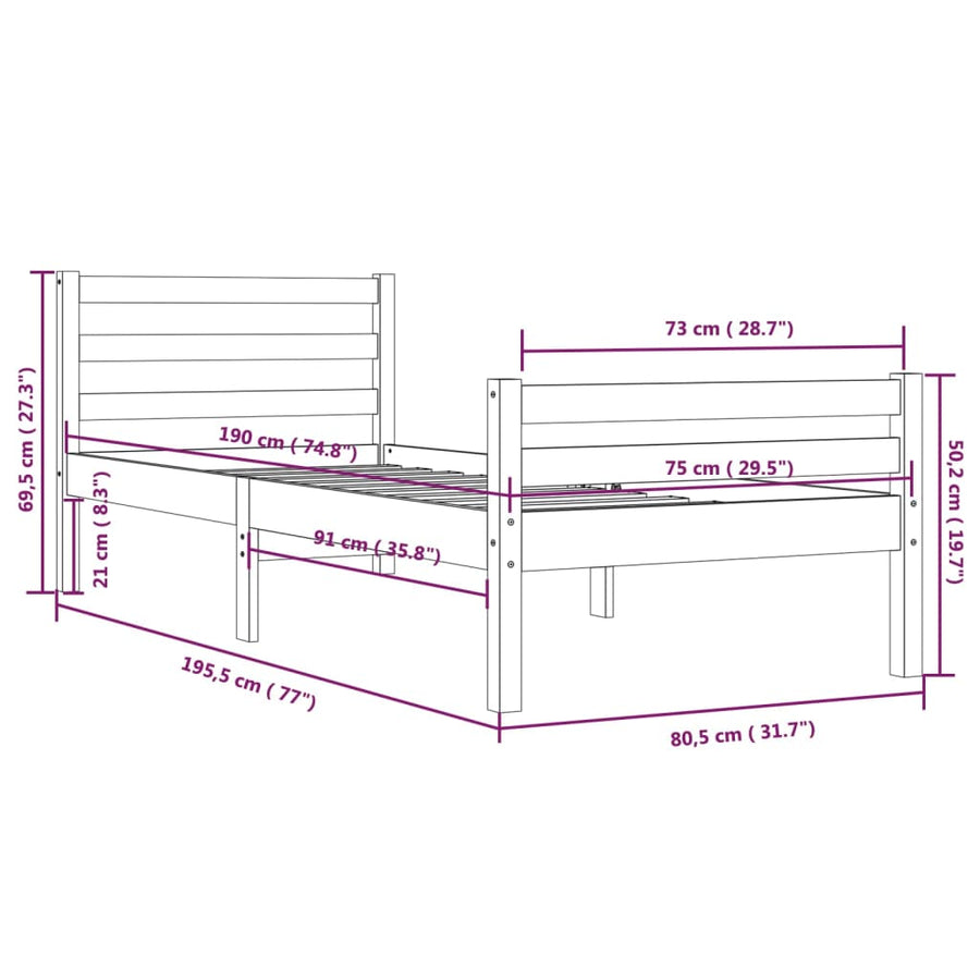 Bedframe Massief Hout Small Single 75 x 190 cm Honingbruin