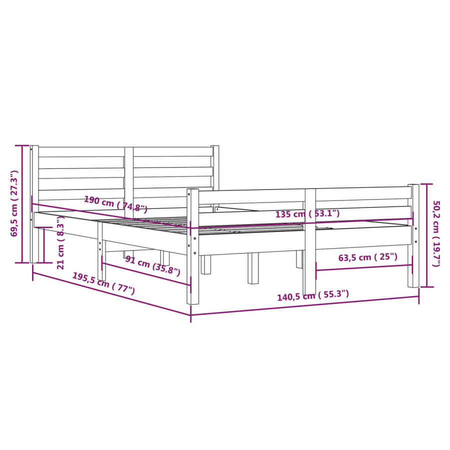 Bedframe Massief Hout Double 135 x 190 cm Wit
