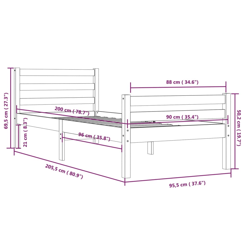 Bedframe Massief Hout 90 x 200 cm Naturel