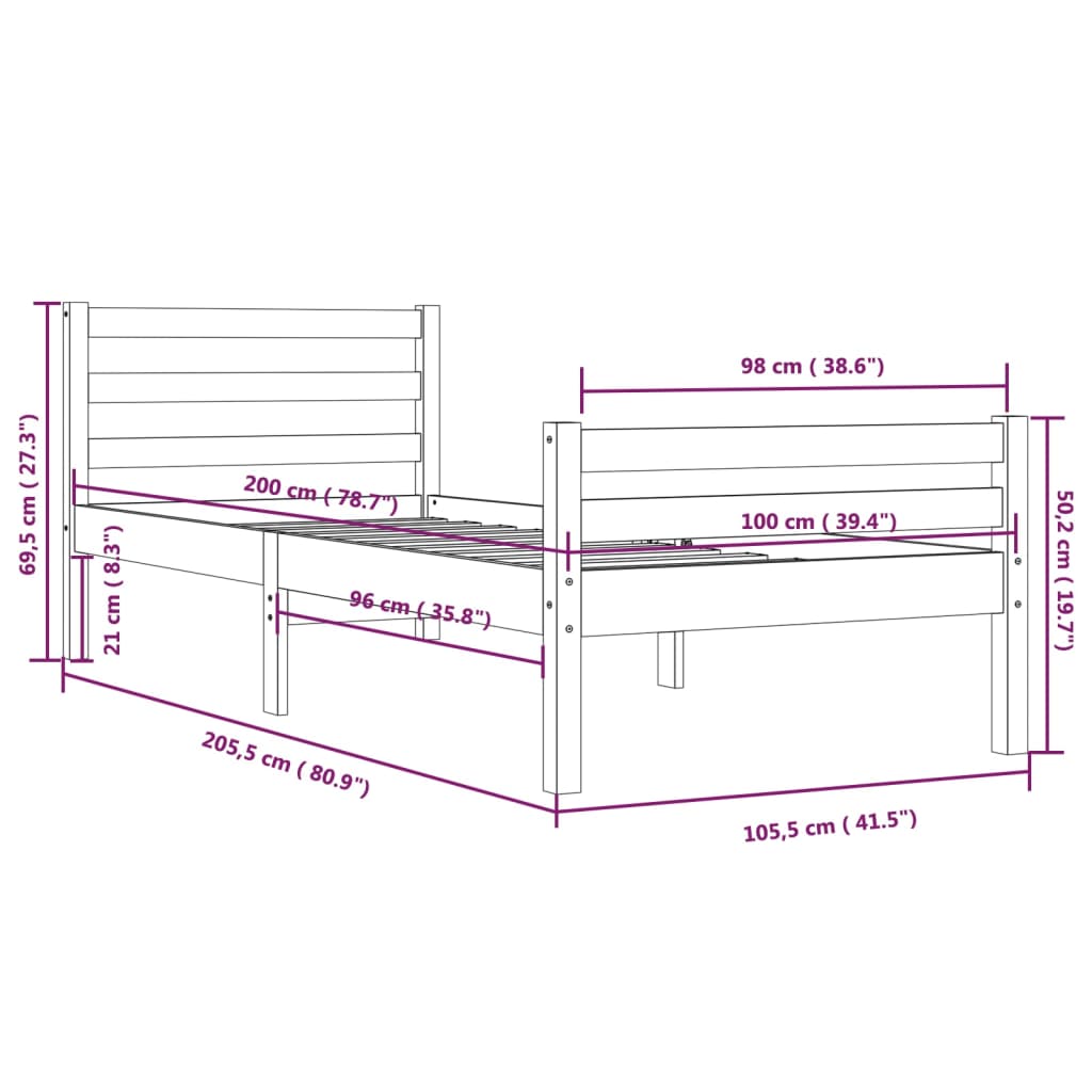 Bedframe Massief Hout 100 x 200 cm Wit