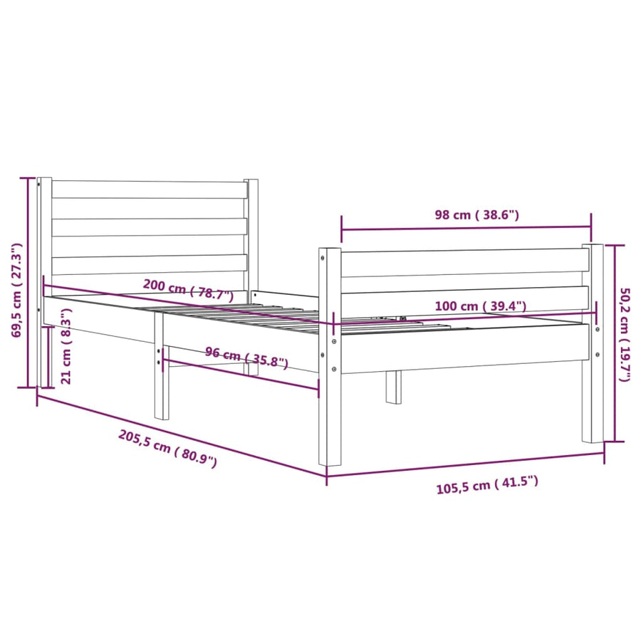 Bedframe Massief Hout 100 x 200 cm Wit