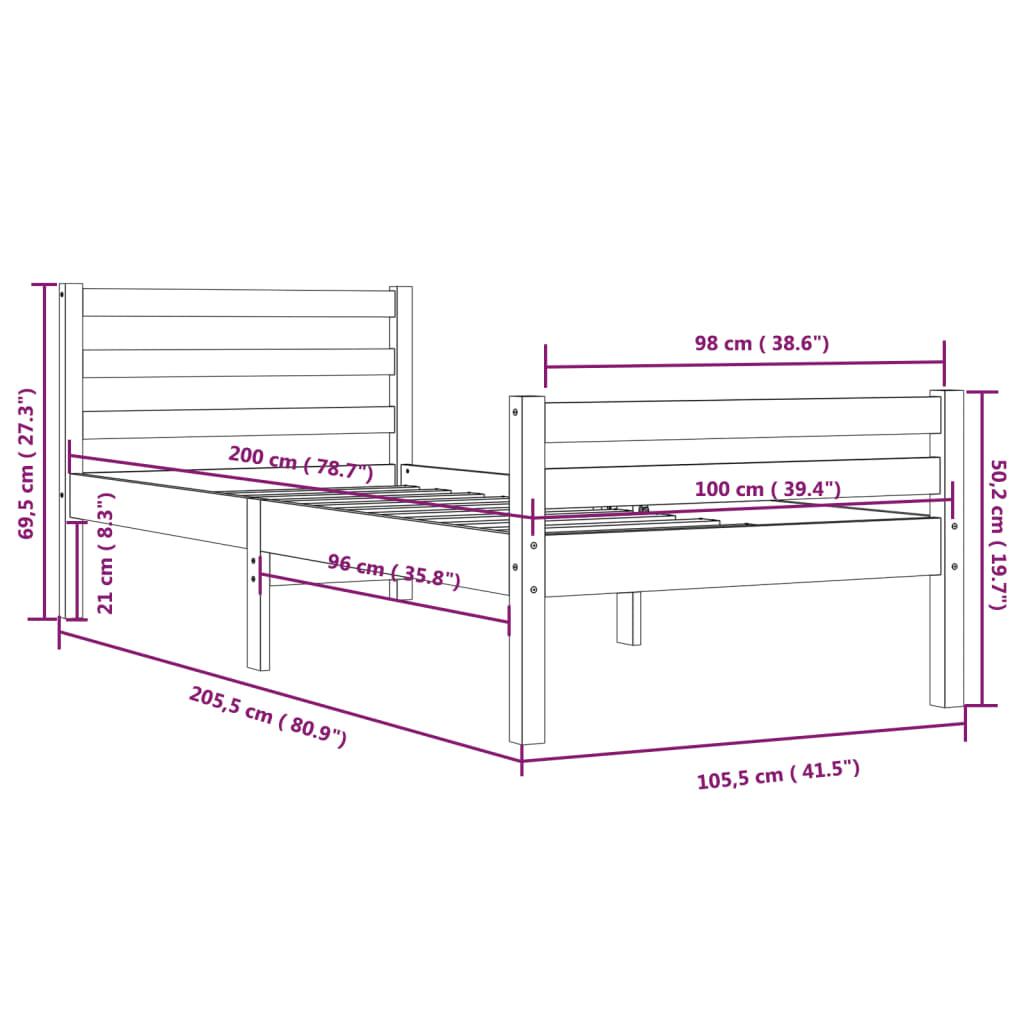 Bedframe Massief Hout 100 x 200 cm Grijs