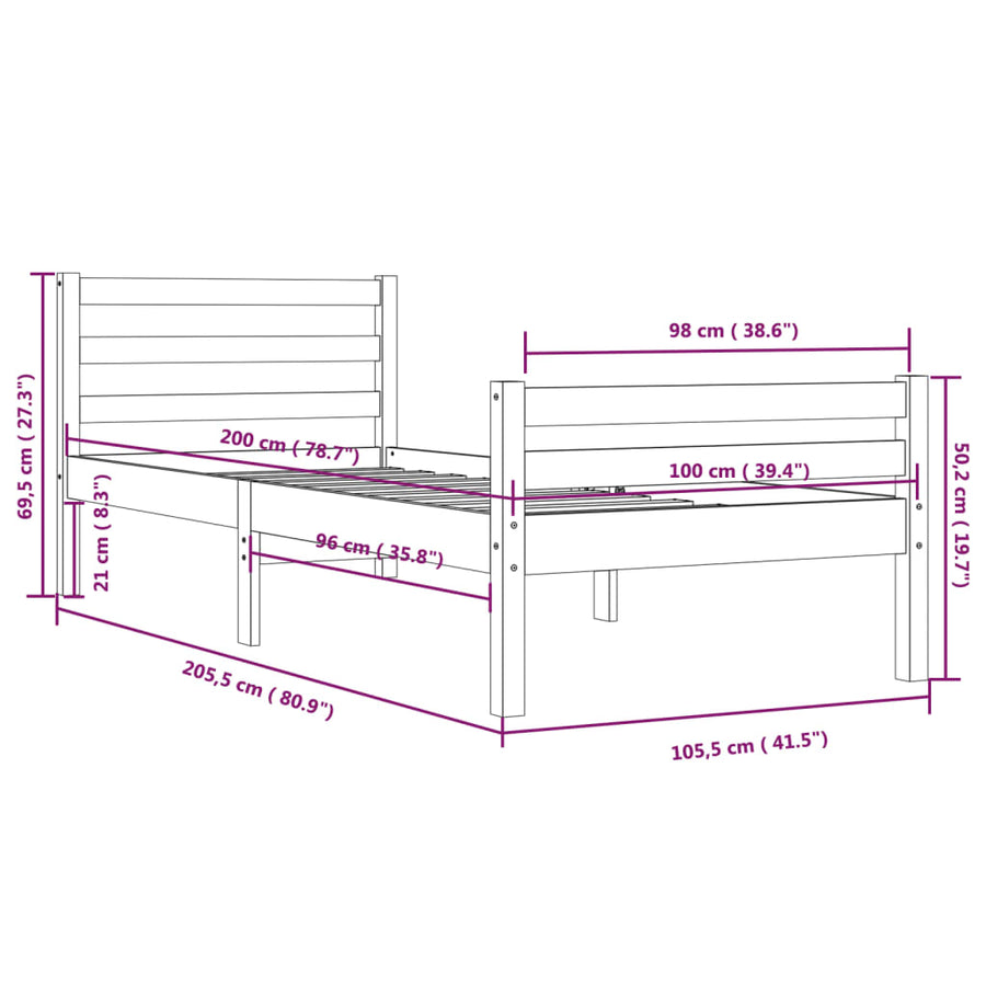 Bedframe Massief Hout 100 x 200 cm Zwart
