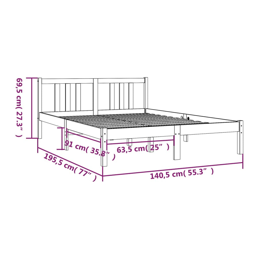 Bedframe Massief Hout Grijs 135X190 Cm 4Ft6 Double