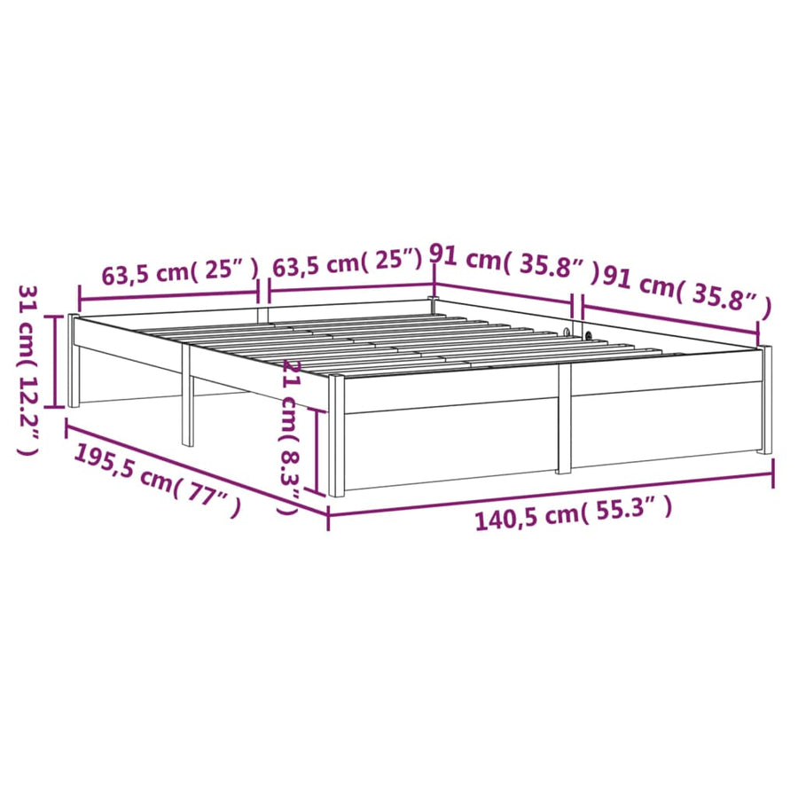 Bedframe Massief Hout Grijs 135X190 Cm 4Ft6 Double