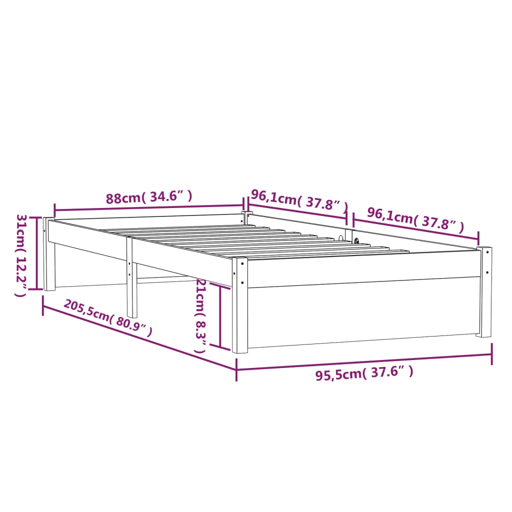 Bedframe Massief Hout Wit 90X200 Cm