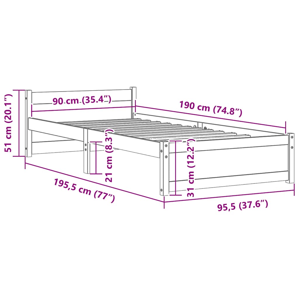 Bedframe massief hout zwart 90x190 cm
