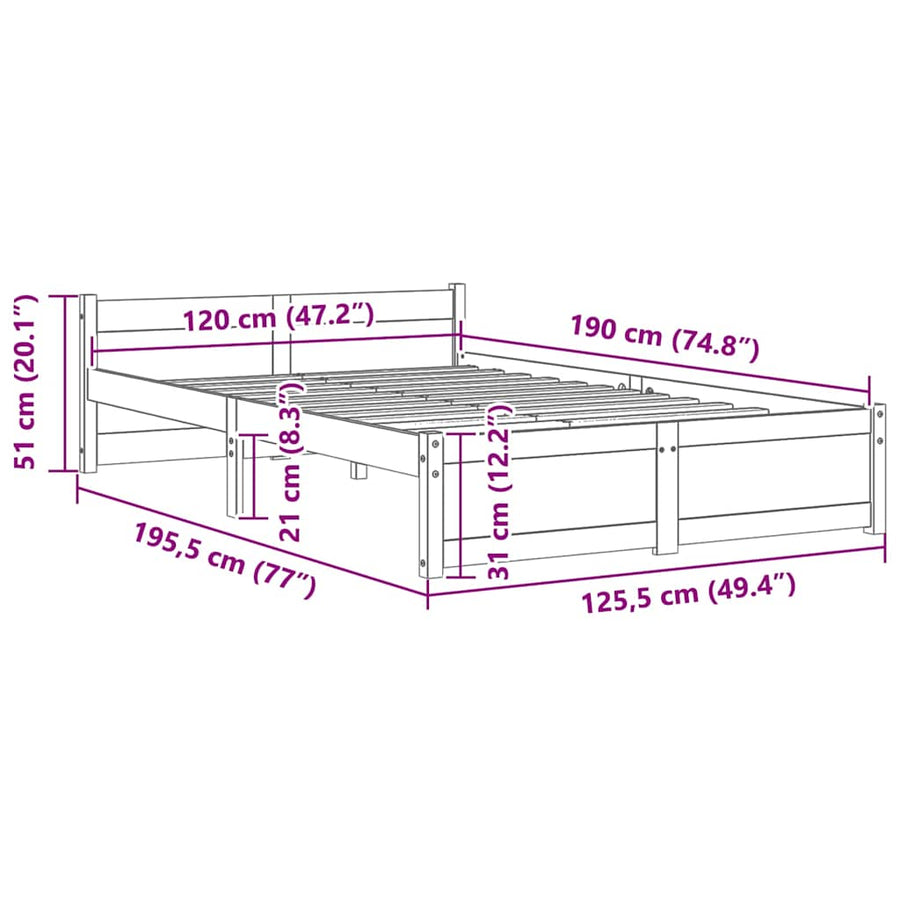 Bedframe massief hout 120x190 cm