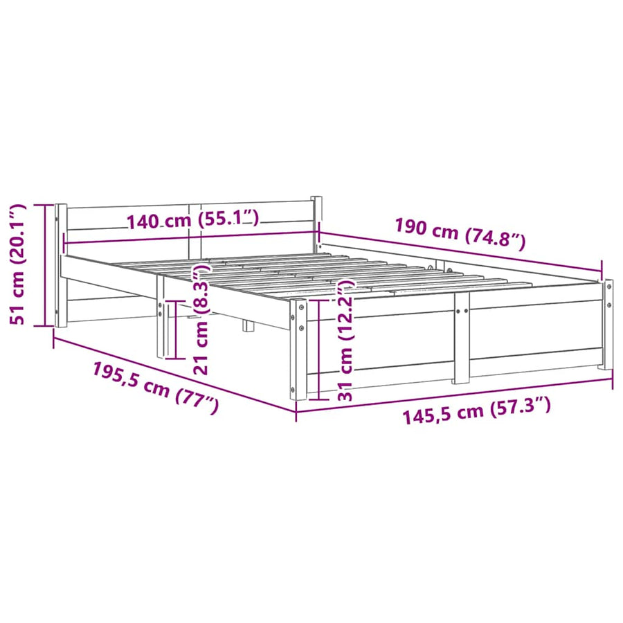 Bedframe Massief Hout 140 x 190 cm Wit
