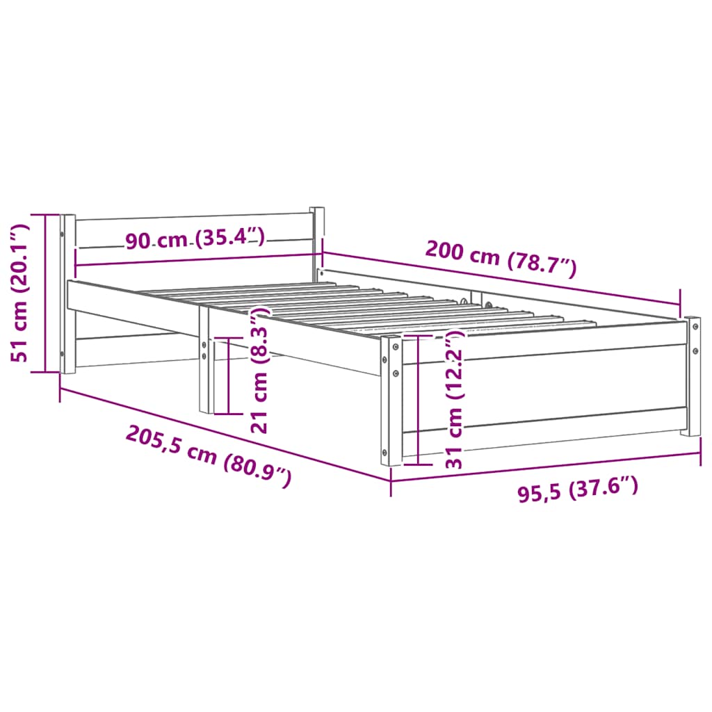 Bedframe Massief Hout 90 x 200 cm Naturel