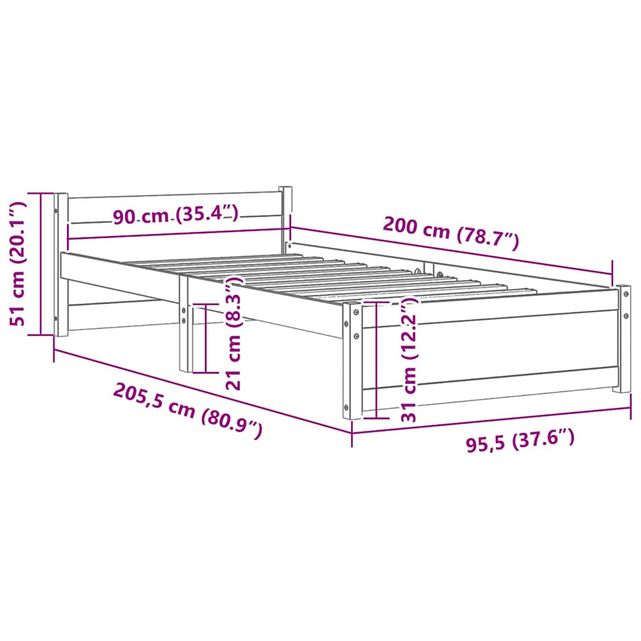 Bedframe Massief Hout 90 x 200 cm Naturel