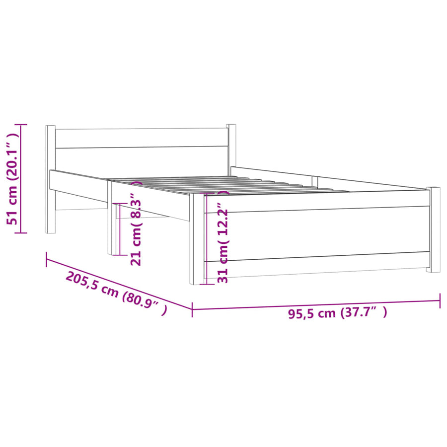 Bedframe Massief Hout Zwart 90X200 Cm