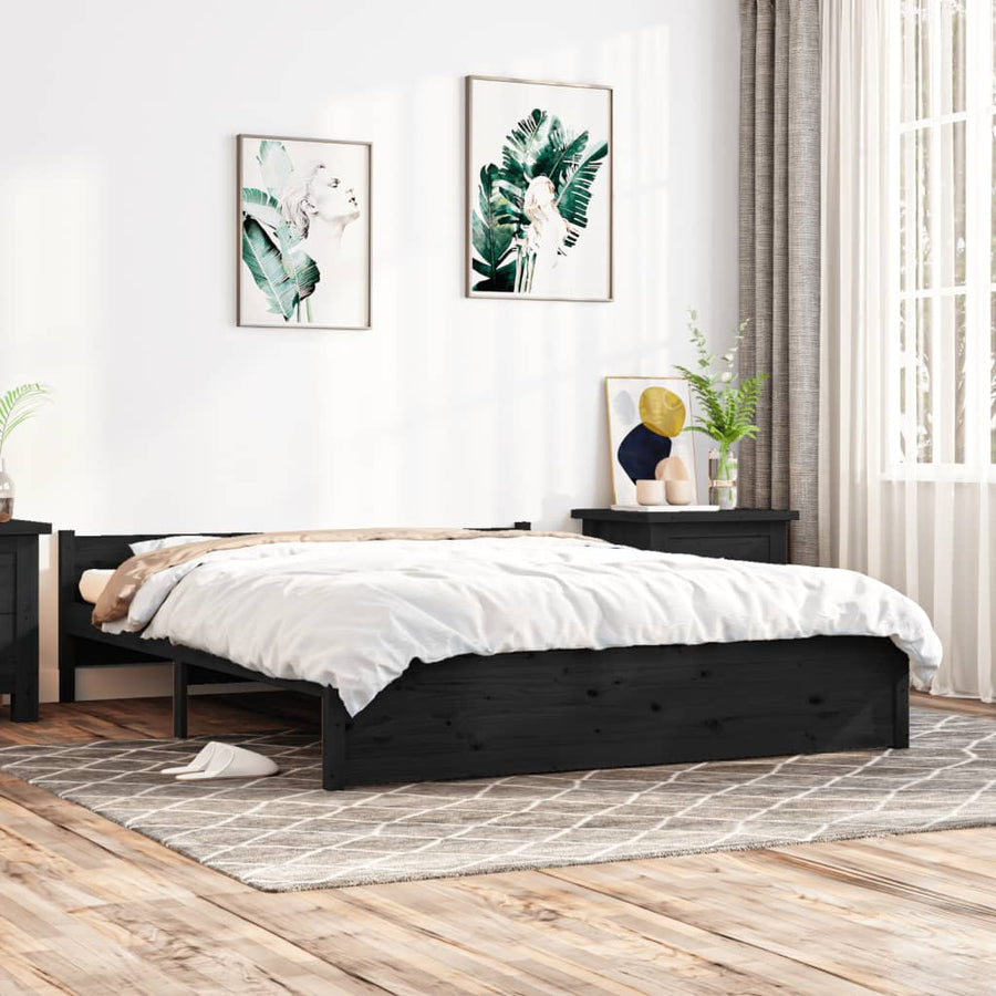Bedframe Massief Hout Zwart 150X200 Cm 5Ft King Size