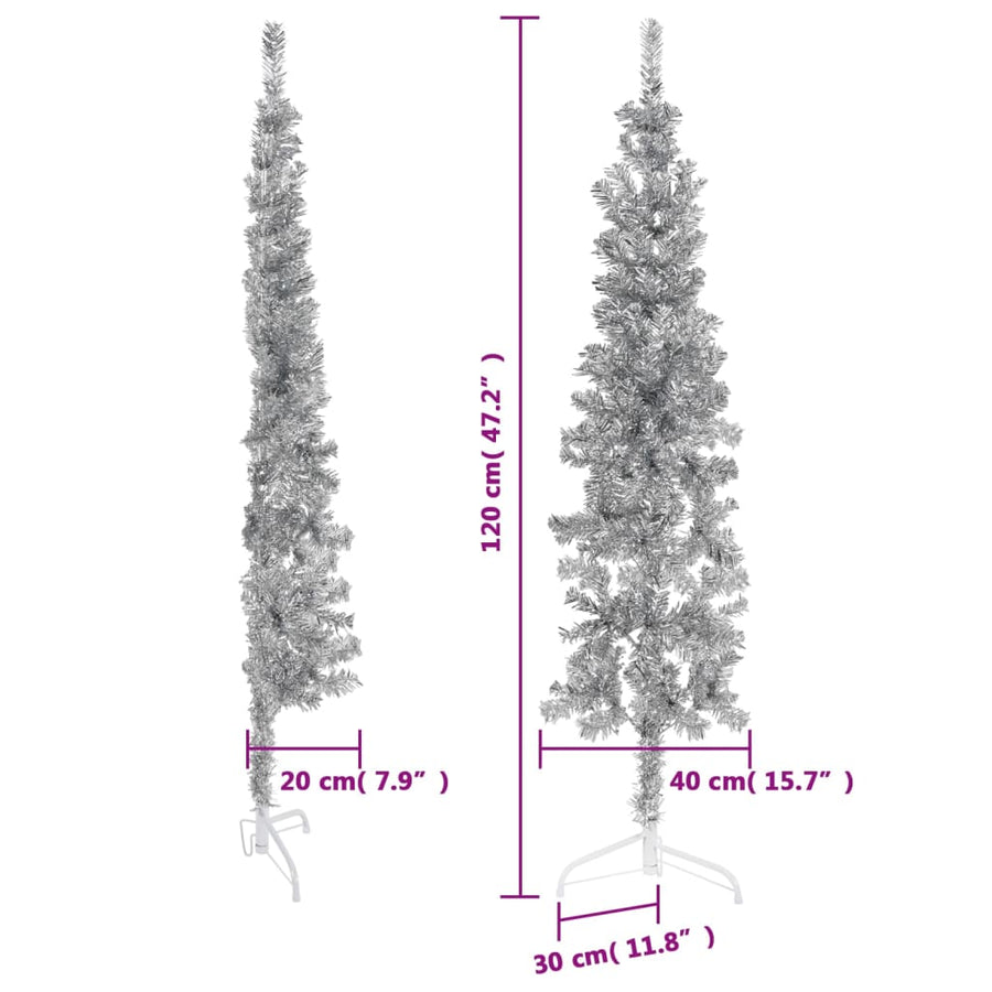 Kunstkerstboom Half Met Standaard Smal 20 Cm Kleurig 120 x 40 cm Zilver