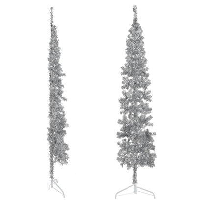 Kunstkerstboom Half Met Standaard Smal 20 Cm Kleurig 210 x 56 cm Zilver