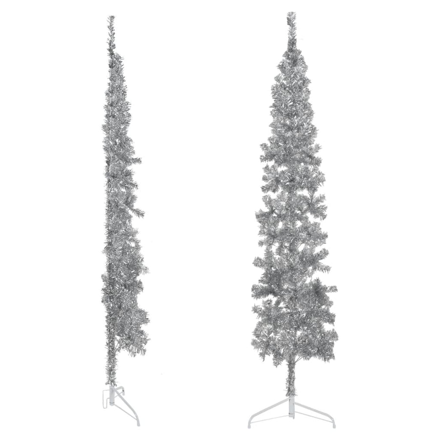 Kunstkerstboom Half Met Standaard Smal 20 Cm Kleurig 210 x 56 cm Zilver