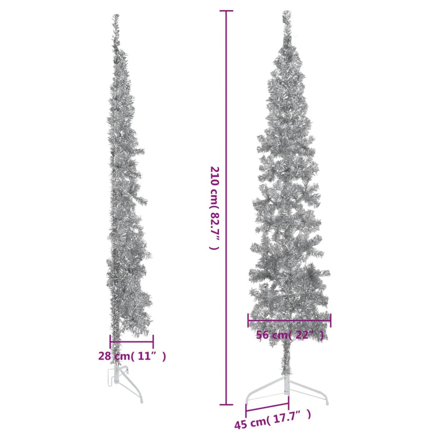 Kunstkerstboom Half Met Standaard Smal 20 Cm Kleurig 210 x 56 cm Zilver
