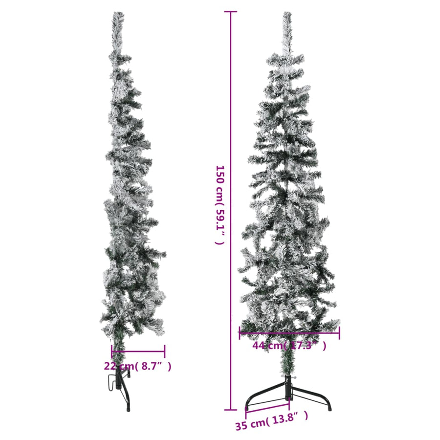 Kunstkerstboom Half Met Sneeuw Smal 50 Cm 150 x 44 cm Wit en groen