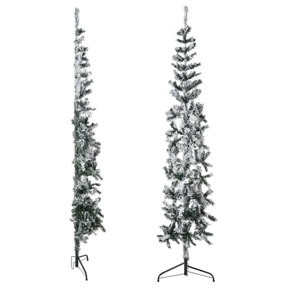 Kunstkerstboom Half Met Sneeuw Smal 80 Cm 180 x 49 cm Wit en groen