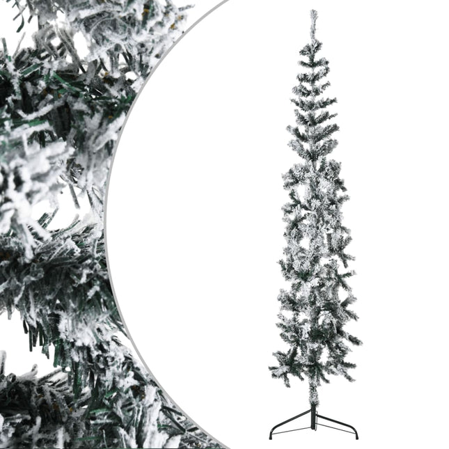 Kunstkerstboom Half Met Sneeuw Smal 240 Cm 240 x 61 cm Wit en groen