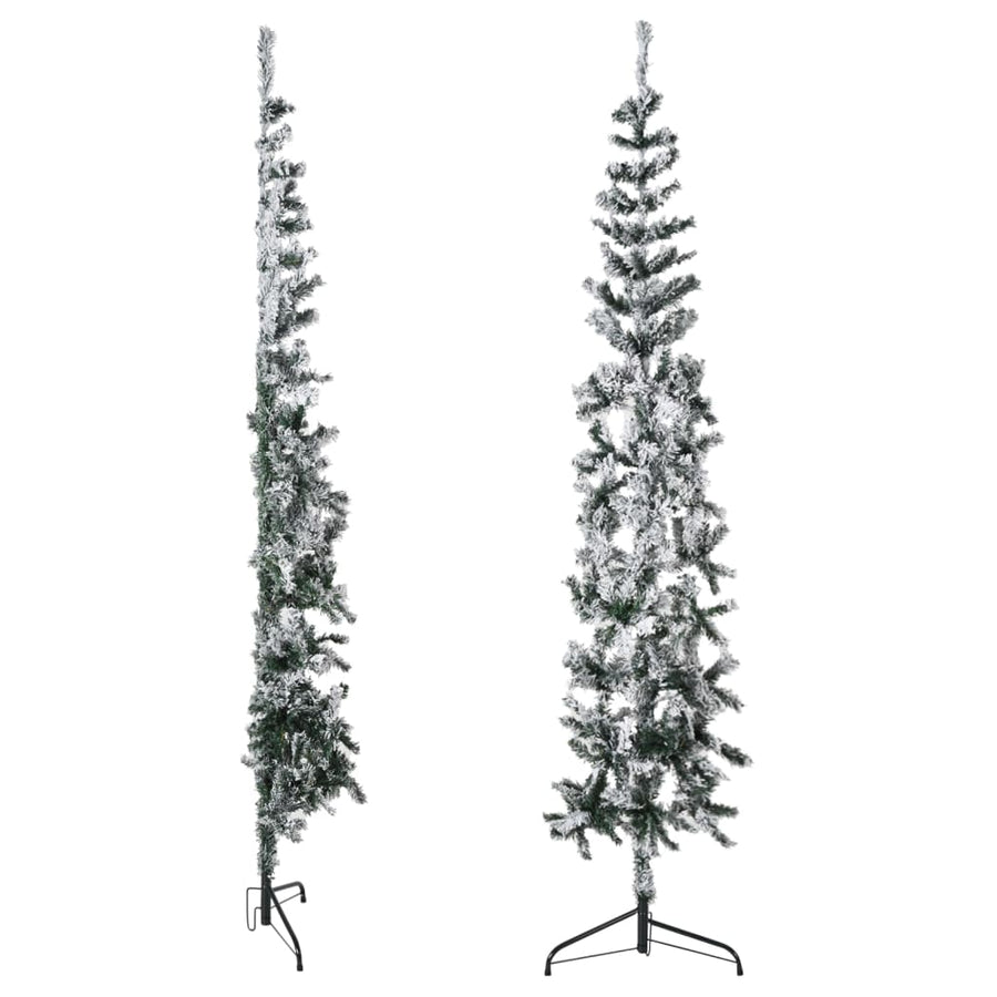 Kunstkerstboom Half Met Sneeuw Smal 240 Cm 240 x 61 cm Wit en groen