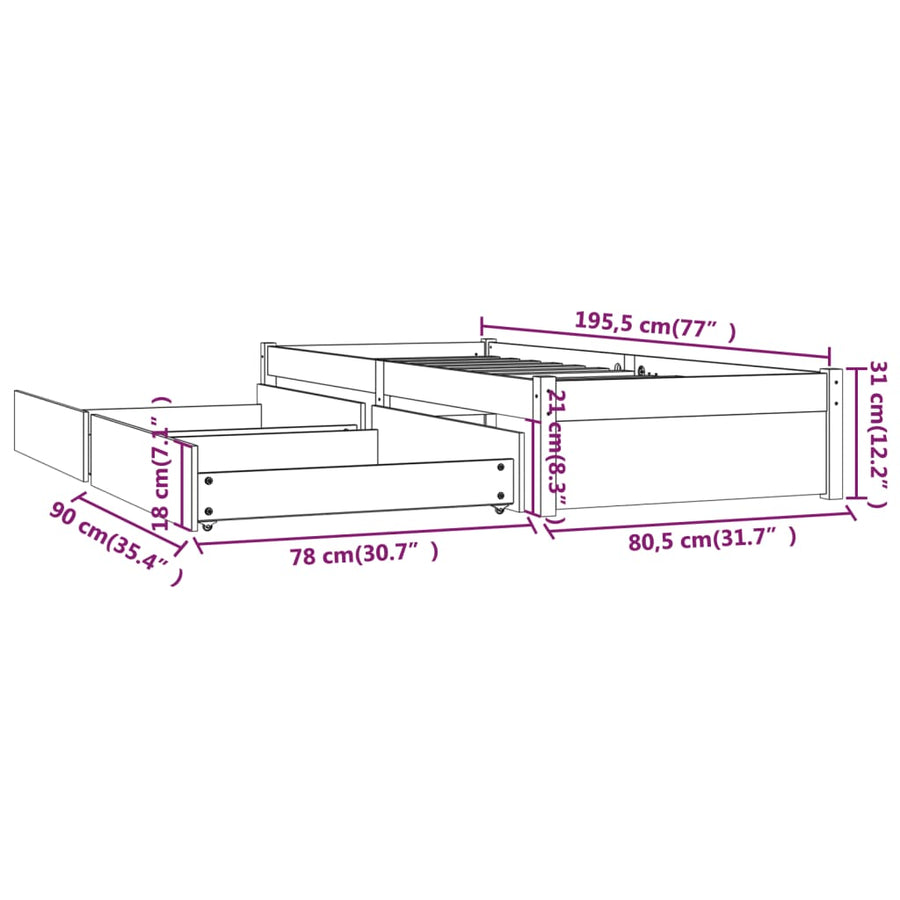 Bedframe Met Lades 2Ft6 Small Single 75 x 190 cm Naturel