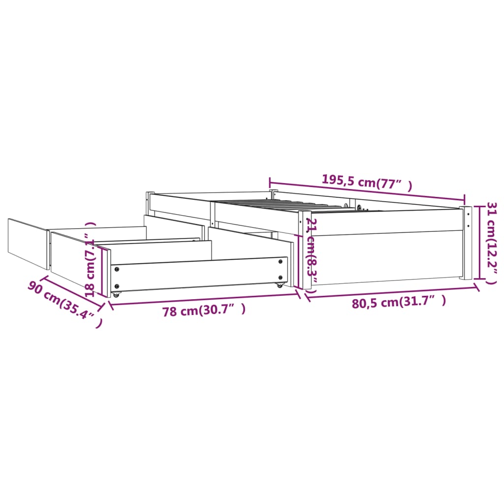 Bedframe Met Lades Small Single 75 x 190 cm Wit