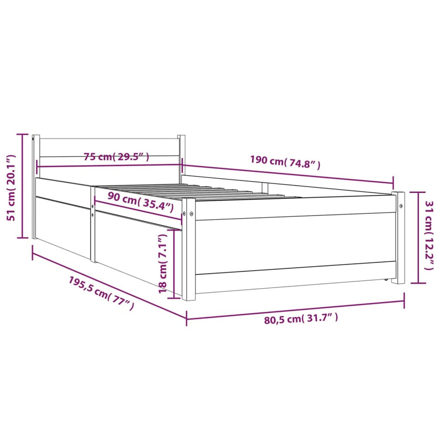 Bedframe Met Lades 2Ft6 Small Single 75 x 190 cm Naturel