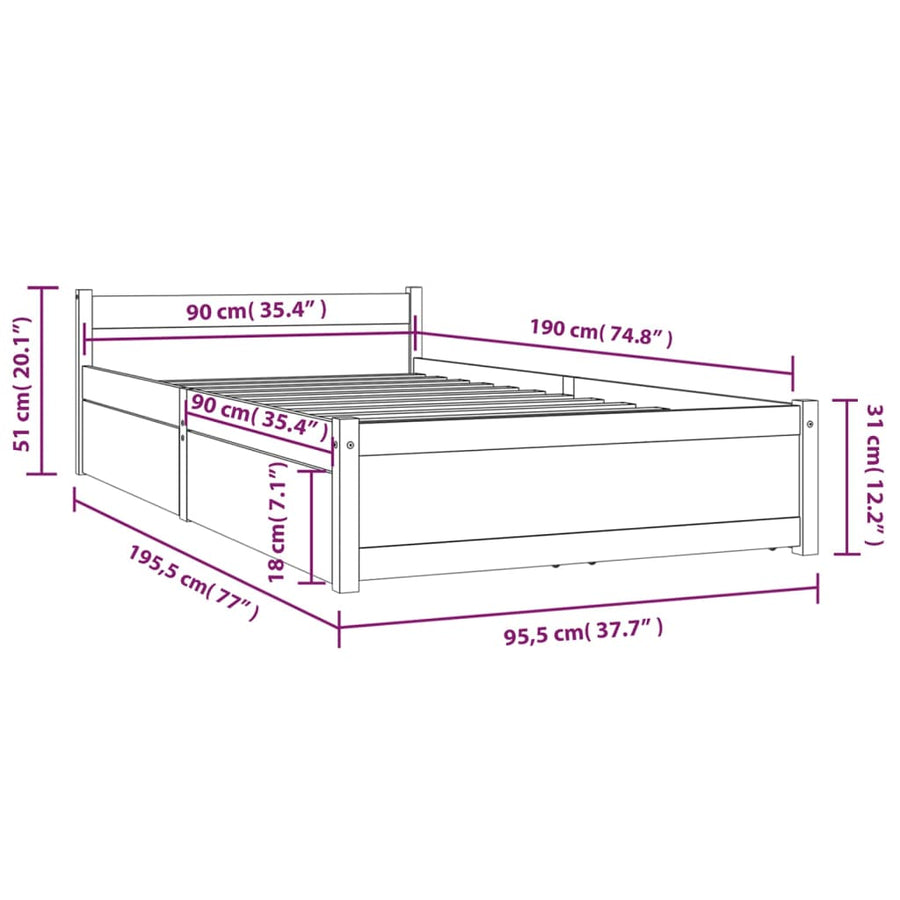 Bedframe Met Lades 3Ft Single 90 x 190 cm Wit