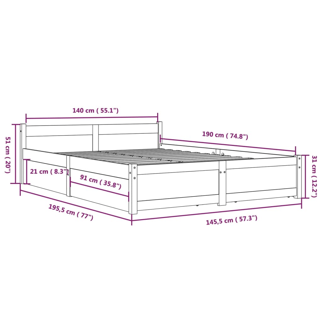 Bedframe Met Lades 140 x 190 cm Wit