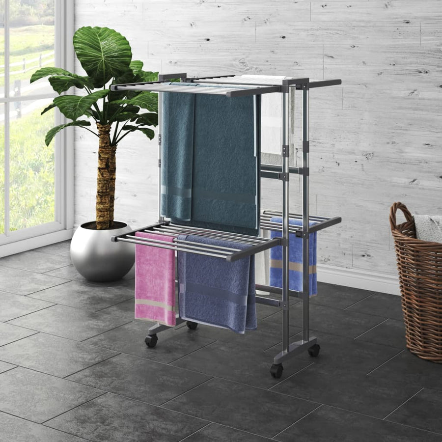 Droogrek 2-Laags Met Wieltjes Zilverkleurig 60 x 70 x 106 cm