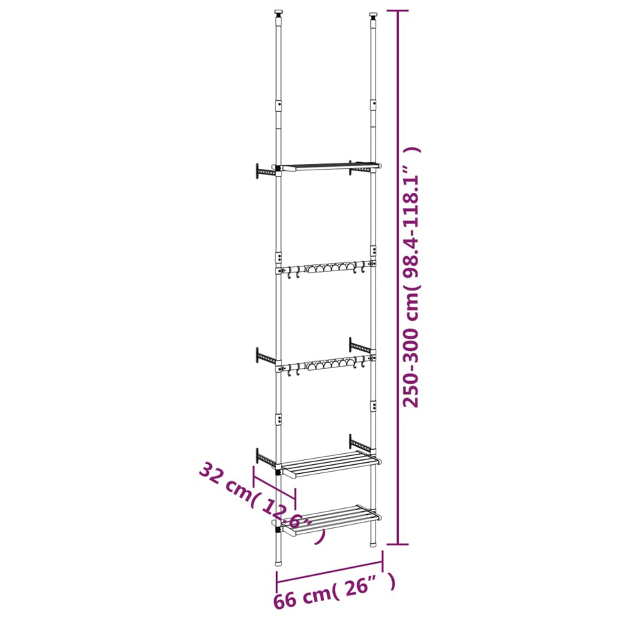 Tuinrek Met 3 Schappen Telescopisch Aluminium Zilverkleurig 66 x 32 x 300 cm