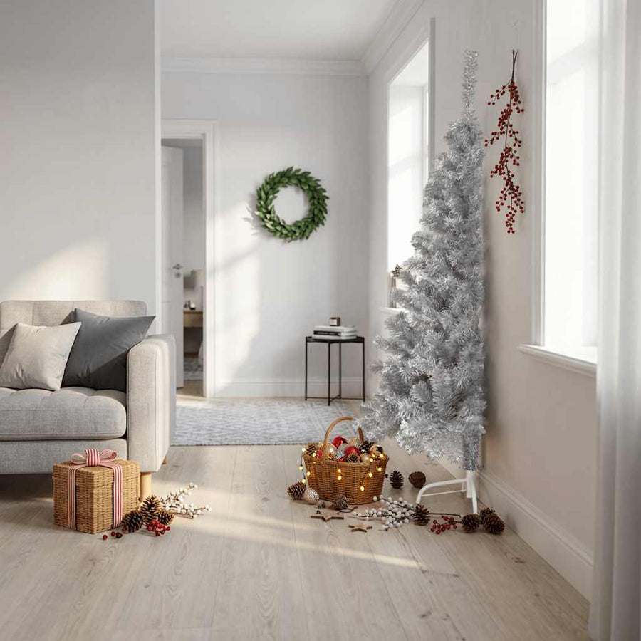 Kunstkerstboom half met standaard 180 cm PET zilverkleurig