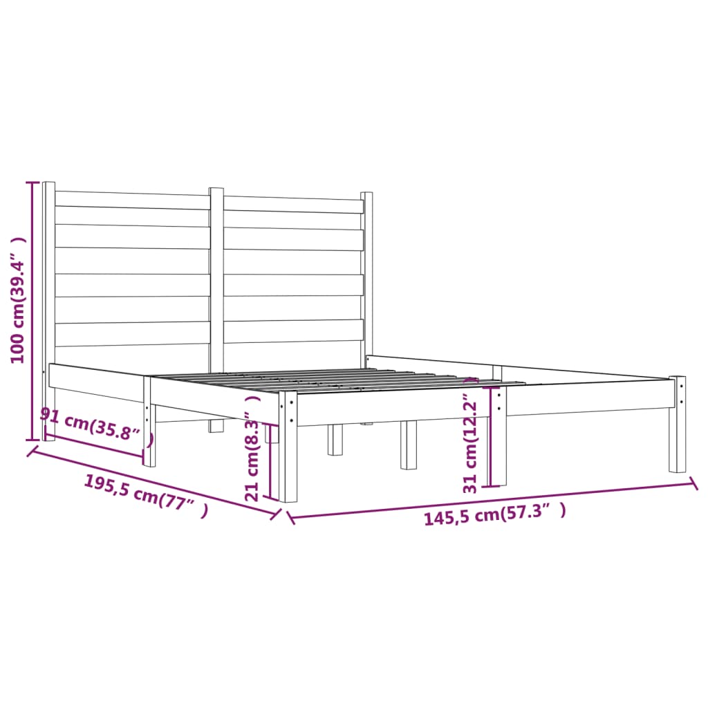 Bedframe Massief Grenenhout 140 x 190 cm Zwart