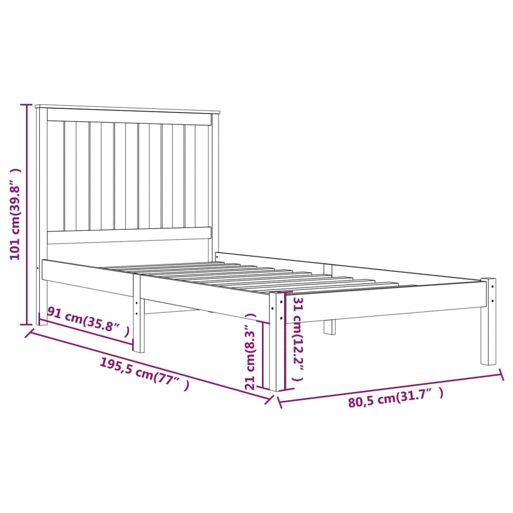 Bedframe massief grenenhout zwart 75x190 cm 75 x 190 cm Naturel
